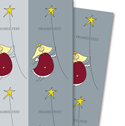 Streifen Weihnachts Geschenkpapier grau Sternen Engel (4 Bögen, 32 x 48 cm) Dekorpapier, Papier zum Einpacken, für tolle Geschenk Verpackung und Überraschungen