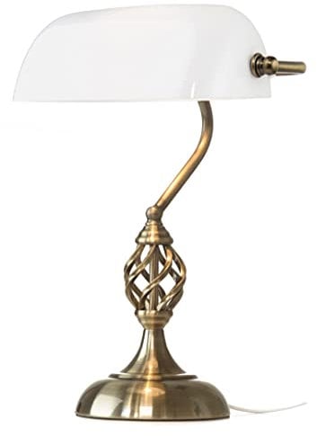 Kingswood Barley Twist Traditional Bankers Lamp - Antique Brass - Opal Glass - Desk/Table Lamp