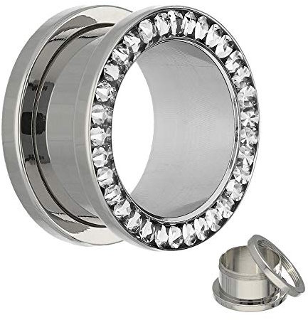 Treuheld® | 14mm Kristall Ohr Flesh Tunnel | Silber mit klaren Glitzer - Zirkonia - Steinen | Chirurgenstahl | Gewinde Schraubverschluss | Damen