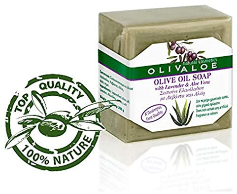 OLIVALOE 00199 - Handmade Traditional Olive Oil Soap with ALOE VERA & Lavender- Oliven Öl Seife 200g