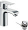 hansgrohe Waschtischarmatur Metris, Wasserhahn Bad mit Auslauf Höhe 110mm, mit Zugstange, Badarmatur wassersparend (EcoSmart), energiesparend (CoolStart), Chrom