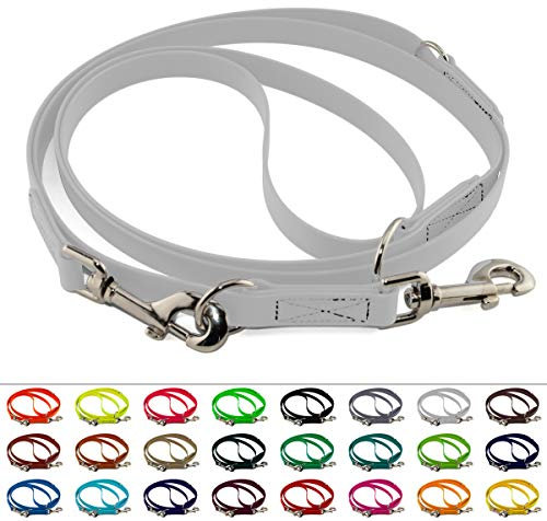 Mehrfach verstellbare BioThane Führleine, 19mm breit, 5m lang, Weiß, genäht, Doppelleine