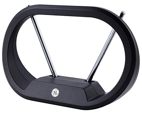GE Modern Loop Rabbit Ears Indoor TV Antenna, 15 inch Extendable Dipoles, 4K 1080P VHF UHF, Tabletop Antenna, Digital HDTV Antenna, Smart TV Compatible, 4ft Coaxial Cable, Black, 33675