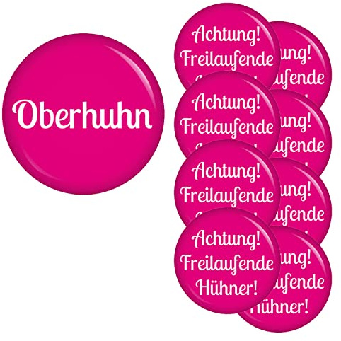 Button Set Oberhuhn/freilaufende Hühner für JGA Junggesellenabschied Junggesellinnenabschied Zubehör Anhänger Anstecker Broschebutton Accessoires (SET 2: 9 Buttons, 1x 56mm und 8x 37mm)