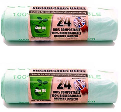 2 x Eco Bag Pack Of 24 Compostable Kitchen Caddy Bin Liners Food Waste Bin Bags 10L