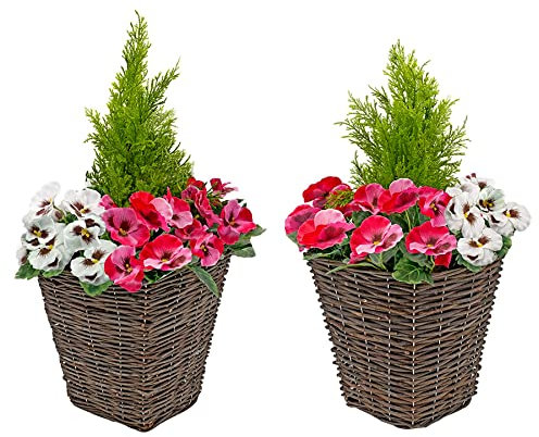2 x Artificial Rattan Patio Planters with Pink and White Faux Silk Pansies and Conifer/Cedar Topiary ideal for Home, Patio, Garden Outdoor Living 60cm/23.5in
