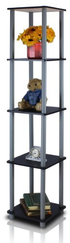 Furinno Turn-N-Tube 5-Tier Corner Square Rack Display Shelf with Round Tube, Black/Grey