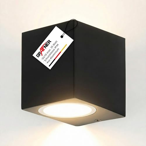 Grafner Aluminium Wandlampe schwarz, mit nach unten gerichtetem Lichtschein, IP44, GU10 Fassung, Wandleuchte eckig Down Light Wand Lampe Außen Hof Einfahrt nach unten scheinend