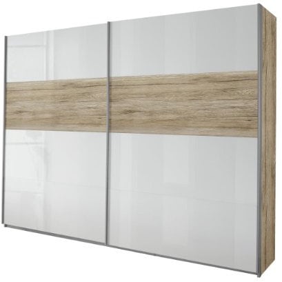 Rauch Möbel Quadra Kleiderschrank, Schwebetürenschrank, 2-türig, inkl. Zubehörpaket Basic 3 Einlegeböden 3 Kleiderstangen, Farbe Eiche Sanremo hell/Hochglanz weiß, BxHxT 226x210x62cm