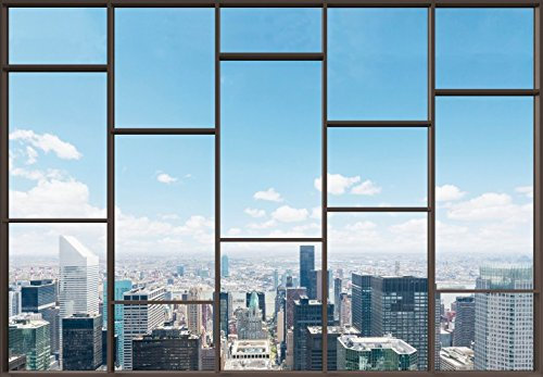 1art1 Paysages Urbains Fenêtre Qui Donne sur La Skyline De La Grande Ville, 3 Parties Poster Papier Peint 360x250 cm