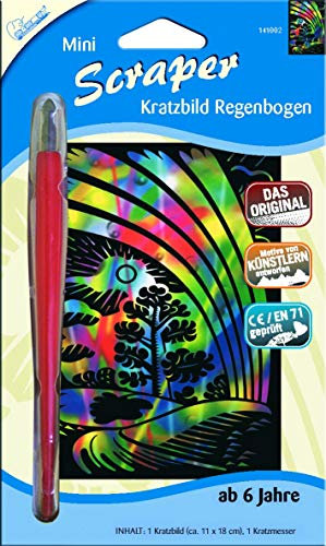 Mammut Spiel & Geschenk 141002 Kratzbild Motiv Regenbogen, regenbogenfarbend, Mini, Komplettset mit Kratzmesser und Übungsblatt, Scraper, Scratch, Kritzel, Kratzset für Kinder ab 6 Jahre
