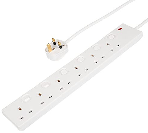 Invero® 6 Way Gang Individually Switched Power Mains Extension Lead Cable 2M Metre British Approved 13A Amps