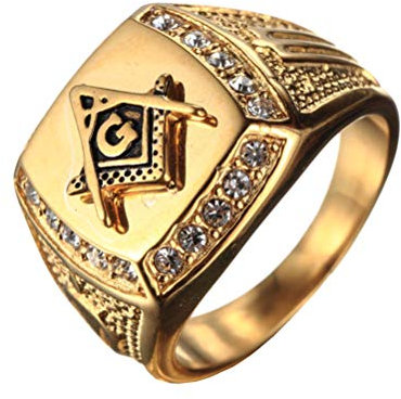 OAKKY Herren Edelstahl Masonic Freimaurer Ring mit Diamanten Biker Symbol Mitglied Band, Gold Größe 70 (22.3)