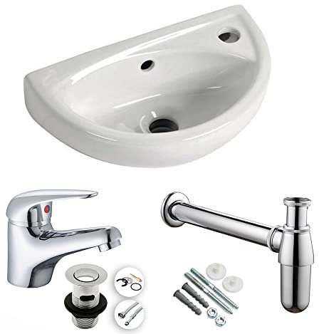 Compact Small Cloakroom Basin Sink + Tap & Trap Set
