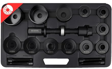 SW-Stahl 17-teilig Radlager-Werkzeugsatz 301030L - Radnaben-Abzieher Set | Fuer Ausbau ohne Federbeinausbau, Spindel M22, 9 Druckscheiben 55,5-84mm, Glocken, Ausdrueckbolzen M12 & M14