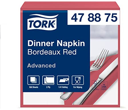 Tork 478875 Dinnerservietten Bordeauxrot / 2-lagige Papierservietten/Für jede Gelegenheit/Advanced Qualität / 12 x 150 (1800) Servietten / 39 x 39 cm (B x L) / 1/4-Falz