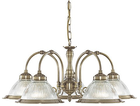 American Diner Antique Brass and Clear Ribbed Glass 5 Light Pendant 5X60 Watt Lambs Bc