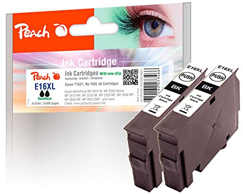 Peach E16 Doppelpack Druckerpatronen XL 2 x schwarz ersetzt Epson No. 16XL bk*2, C13T16314010 für z.B. Epson WorkForce WF -2010 W, Epson WorkForce WF -2500, Epson WorkForce WF -2510 WF