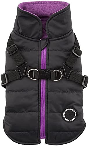 Puppia Hochwertiger Hundemantel für kleine Hunde und mittelgroße Hunde - wasserdicht und mit Fleece gefüttert für angenehme Wärme - Hundemantel mit Geschirr, Schwarz, L