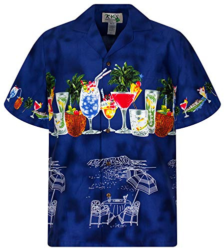 KY‘s | Original Hawaiihemd | Herren | S - 8XL | Kurzarm | Front-Tasche | Hawaii-Print | Cocktail Party Palmen | Blau