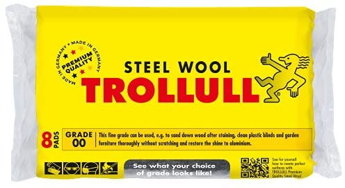 TROLLULL Lana de acero. La lana fina 00 se puede utilizar para lijar madera, limpiar persianas de plástico y muebles de jardín, y pulir aluminio, 8 almohadillas de 200 g