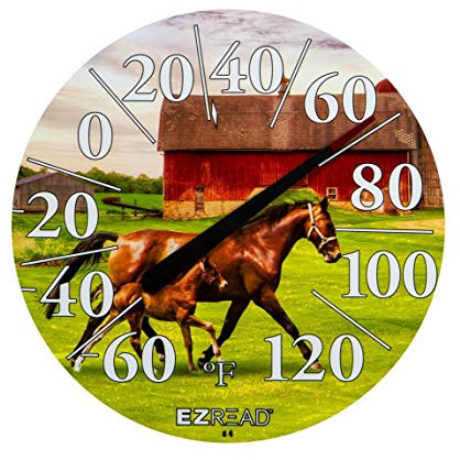 EZREAD Hanging Dial Thermometer - Weather Thermometers for Indoor and Outdoor Use, Large 12.5 Inch Diameter, Easy-to-Read Numbers, Horse and Foal