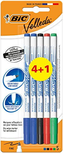 BIC Velleda 1721 Filzstifte, trocken abwischbar – farblich sortiert, Blisterpackung mit 4 + 1