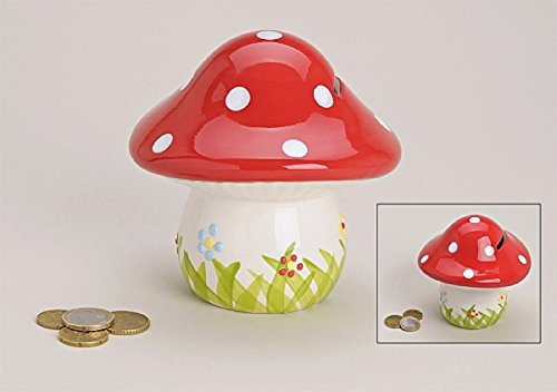 Glücks-Pilz Spardose für Kinder & Erwachsene in Rot, 13x13 cm | Große Sparbüchse aus Keramik / Porzellan mit Schlüssel und Schloss | Sparschwein abschließbar, schöne Deko-Figur zum Geld sparen