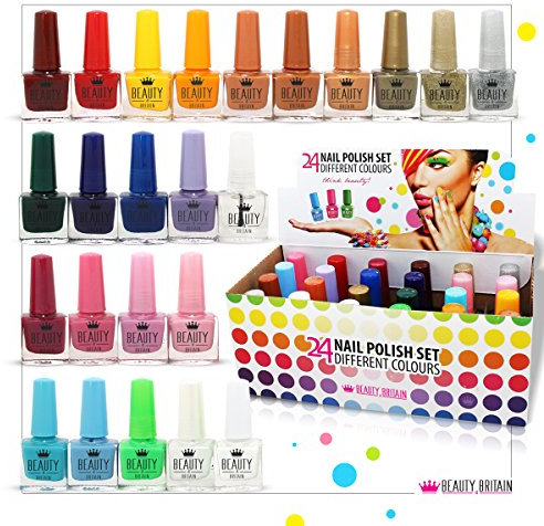 Beauty4Britain Nagellack-Set - 24 moderne Farbtöne - 5 ml - Bunte Verschlüsse - (Farbset A, 24 Flaschen)