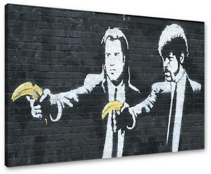 Visario Leinwandbild Banksy Pulp Fiction Bananen 80x60 cm 4171 Street Art Graffiti Wandbild auf Leinwand mit Holzrahmen Urban Kunst Wanddekoration modern Wohnzimmer Schlafzimmer Büro Kunstdruck