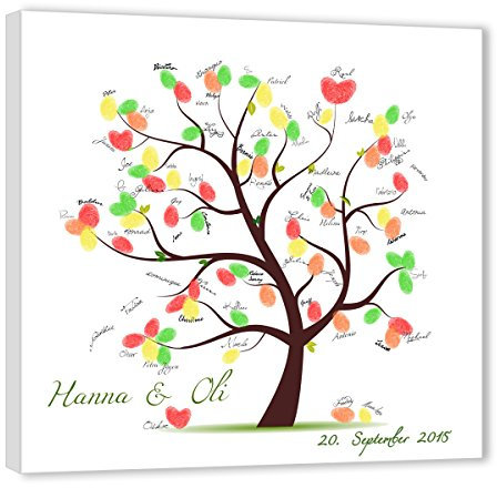 galleryy.net Fingerabdruck Baum Leinwand 60x60 mit NAMEN & DATUM - INKL Zubehör-Set (Stempelkissen+Stift+Anleitung+Hochzeitsbuch+...) Ehebaum braun - Fingerabdruck Leinwand
