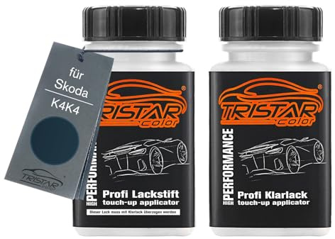 TRISTARcolor Autolack Lackstift für Skoda K4K4 Royal Blue + Klarlack | Königsblau II, Set aus Basislack + Klarlack, Lackfläschchen mit Pinsel, je 50ml