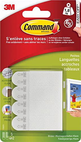 Command Languettes Accroches Tableaux, Petit Modèle, 4 x 2 Languettes, 1,8 kg, Blanc - Sans Outils - Fixation sans Dommage