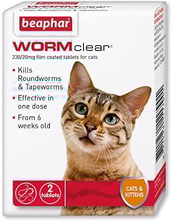 Beaphar - WORMclear® Tablets for Cats - 2 Tablet Pack - Kills All Common UK Intestinal Worms (Roundworms & Tapeworms) - Vet Strength Worm Treatment - Meaty-Flavoured - For Cats Over 6 Weeks Old & 1kg