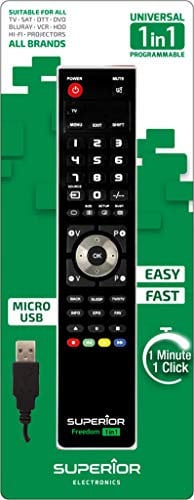 Superior Electronics Freedom 1in1 USB-C, universelle programmierbare Fernbedienung für EIN Gerät, kompatibel mit TVs, Smart TVs, Set-Top-Boxen, DVDs, Projektoren, Soundbars, VCR - Schwarz, SUPTUB001