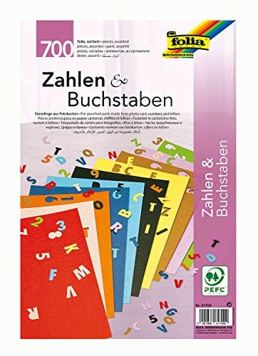 folia 61700 - Fotokarton Stanzteile, Buchstaben und Zahlen 700 Stück, farbig sortiert