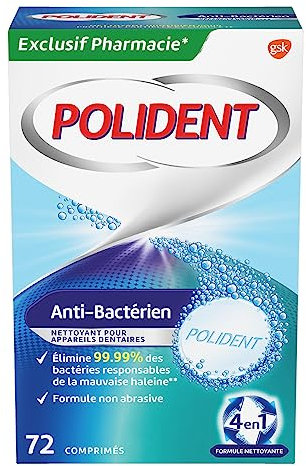 Polident Nettoyant Antibactérien, Pour Prothèses Dentaires Partielles ou Complètes, Formule Non Abrasive, 72 Comprimés