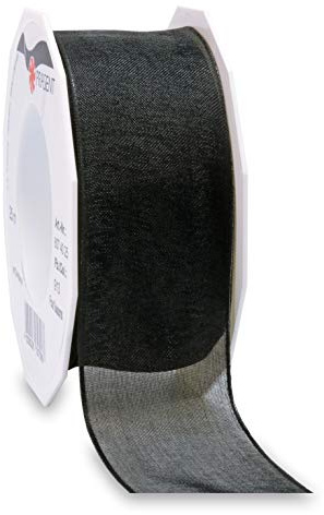 Präsent Four Seasons transparentes Band mit Drahtkante schwarz, 25 m einfarbiges Stoffband, 40 mm Breite, leicht biegsames Schleifenband zum Dekorieren & Basteln, für besondere Anlässe