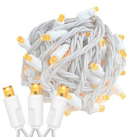 Novelty Lights 11ft Christmas String Lights, 50 Amber LED Bulbs on White Wire, 2.5 Spacing, Connectable Indoor Outdoor Commercial Grade Lighting for Holidays Patio Weddings