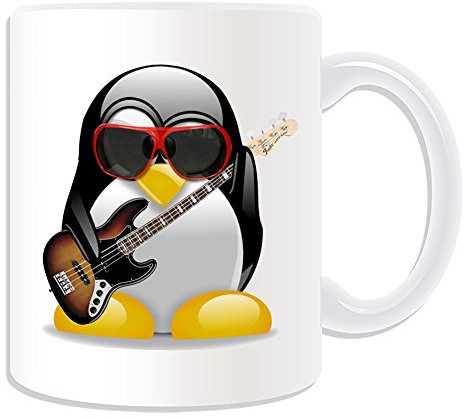 Personalizado regalo – bajo eléctrico Guitarra taza (pingüino en diseño de vestuario tema, blanco) – cualquier nombre/mensaje en su único – música instrumento Musical