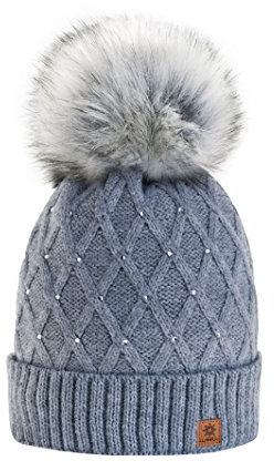 morefaz Wurm Winter Strickmütze Mütze Damen Kristalle Kiesel mit Große Bomme Pompon l SKI (Gray) (MFAZ Ltd)