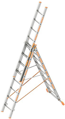 Layher 1040008 Allzweckleiter TOPIC 8 Aluminiumleiter 3-teilig 3x8 Sprossen, ausziehbar, beidseitig begehbar, klappbar, Länge 5.25 m