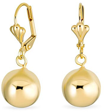 Classic Elegant Simple Round Light Weight Dangle Lever Back Drop Ball Earrings For Women Polished Yellow Gold Plated Brass 12MM