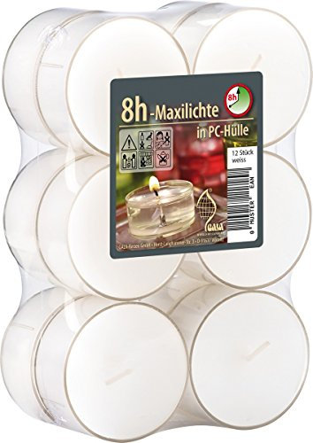 Gala Kerzen 12 Maxilichte weiss in PC-Hülle (Klarsichthülle), Unparfümiert, Minimalistisch, Indoor, Röhre, Container Kerze, Kerze