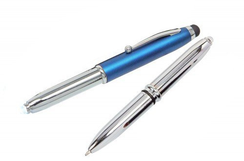 10x Touchpen Kugelschreiber / mit LED Licht und Touchscreenstift / silber-blau
