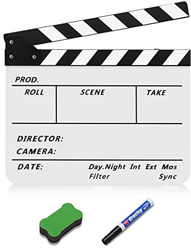 Flexzion Acryl-Kunststoff Klappertafel Regieklappe Trockenes Radiergummi Schnitt Action-Szene Schiefertafel für Hollywood-Kamera Filmstudio Heimkino mit schwarzen/weißen Streifen, 25 cm x 30 cm