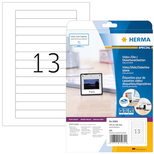 HERMA 5069 Video Etiketten für VHS-Kassetten Rücken, 25 Blatt, 147,3 x 20 mm, 13 pro A4 Bogen, 325 Stück, selbstklebend, bedruckbar, matt, blanko Papier Videokassetten Aufkleber, weiß
