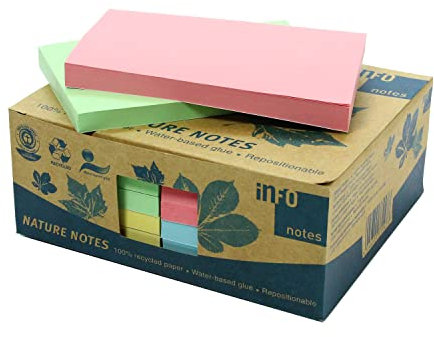 100% Recycling Haftnotizen, pastellmix, 125 x 75mm, zertifiziert mit dem Blauen Engel, 100 Blatt pro Block, 12 Blöcke in Recycling Box verpackt