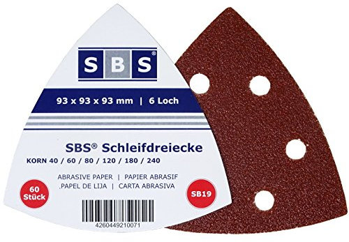 SBS Klett-Schleifdreiecke | 93x93x93 mm | 180 Stück | 6 Loch | Körnung je 30 x 40/60/80/120/180/240 | für Delta-Schleifer