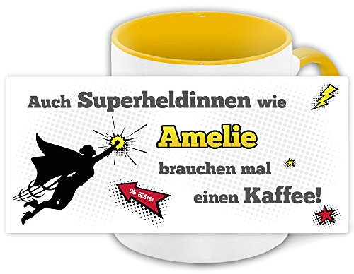 Namens-Tasse Amelie mit Superheldinnen-Motiv für Kaffeetrinker, gelb/weiss